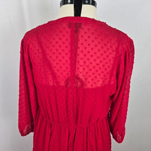 Torrid Dress Women's 0X 12 Red Midi Dot Chiffon Cottagecore Lagenlook 3/4 Sleeve - Picture 4 of 13